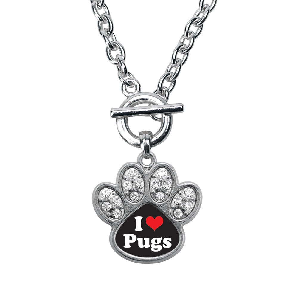 Silver I Love Pugs Pave Paw Charm Toggle Necklace