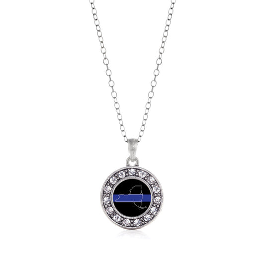 Silver New York Thin Blue Line Circle Charm Classic Necklace