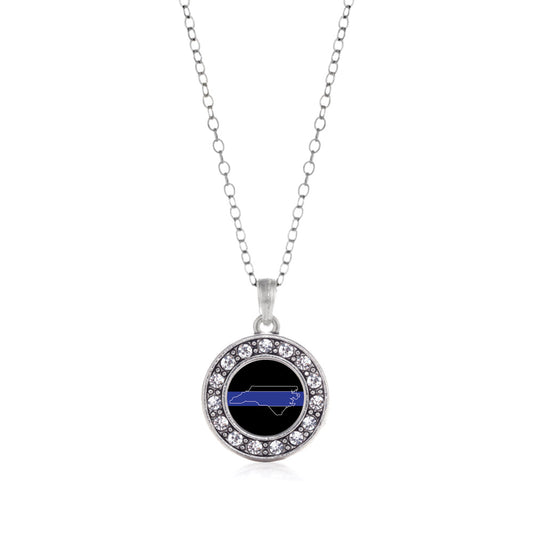 Silver North Carolina Thin Blue Line Circle Charm Classic Necklace