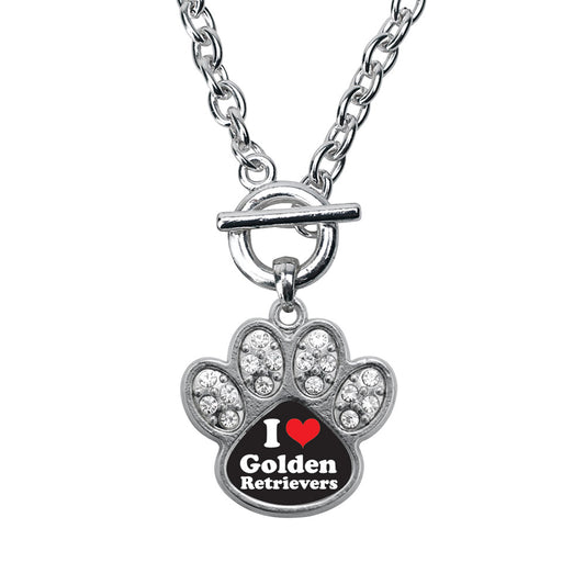 Silver I Love Golden Retievers Pave Paw Charm Toggle Necklace