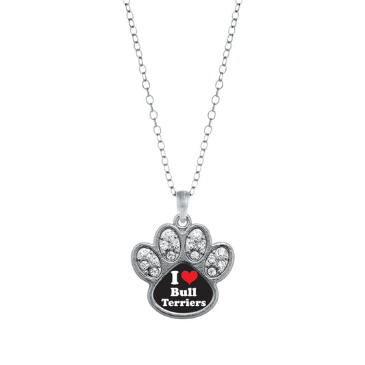 Silver I Love Bull Terriers Pave Paw Charm Classic Necklace