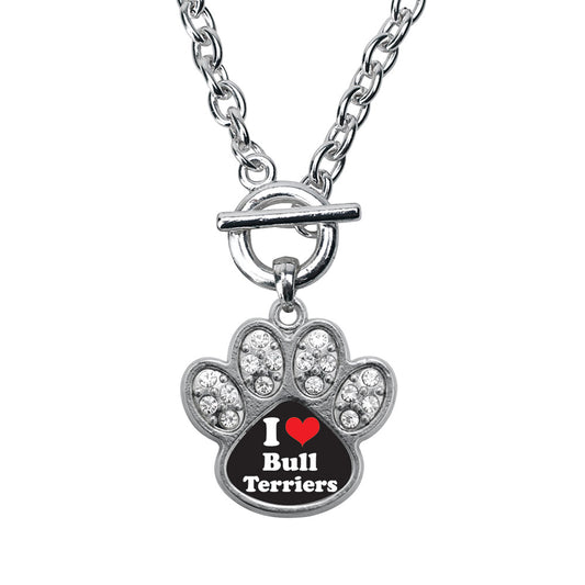 Silver I Love Bull Terriers Pave Paw Charm Toggle Necklace