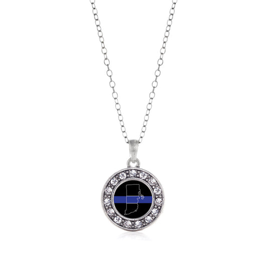 Silver Rhode Island Thin Blue Line Circle Charm Classic Necklace