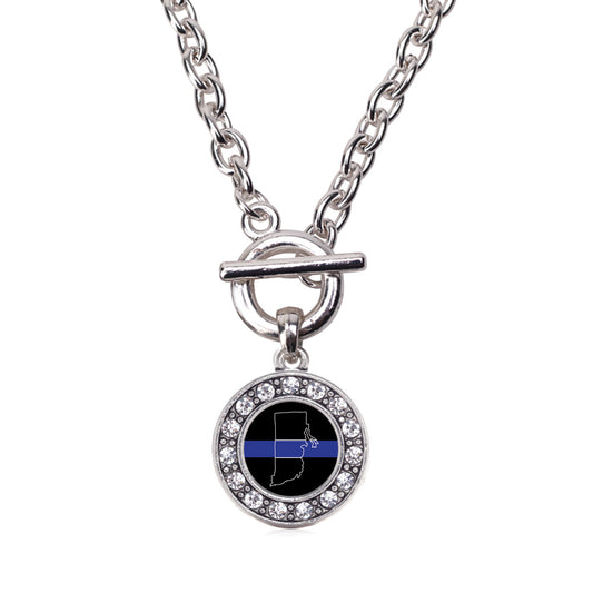 Silver Rhode Island Thin Blue Line Circle Charm Toggle Necklace