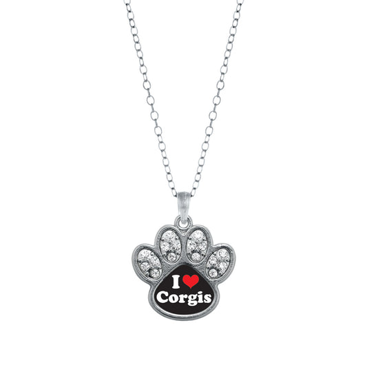 Silver I Love Corgis Pave Paw Charm Classic Necklace