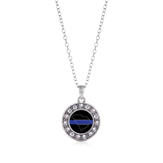 Silver South Carolina Thin Blue Line Circle Charm Classic Necklace