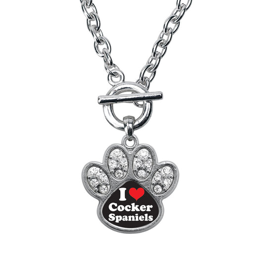 Silver I Love Cocker Spaniels Pave Paw Charm Toggle Necklace