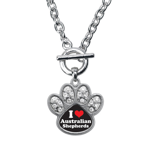 Silver I Love Australian Shepherds Pave Paw Charm Toggle Necklace