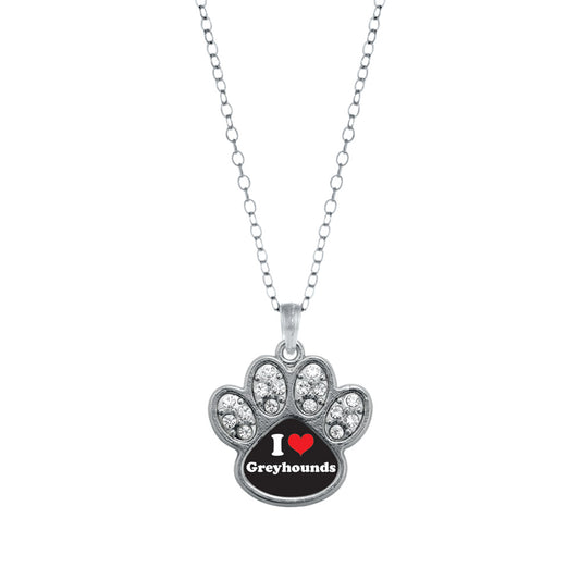 Silver I Love Greyhounds Pave Paw Charm Classic Necklace