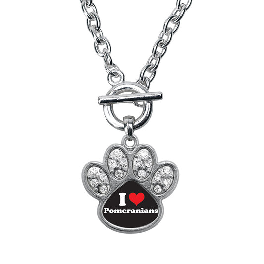Silver I Love Pomeranians Pave Paw Charm Toggle Necklace