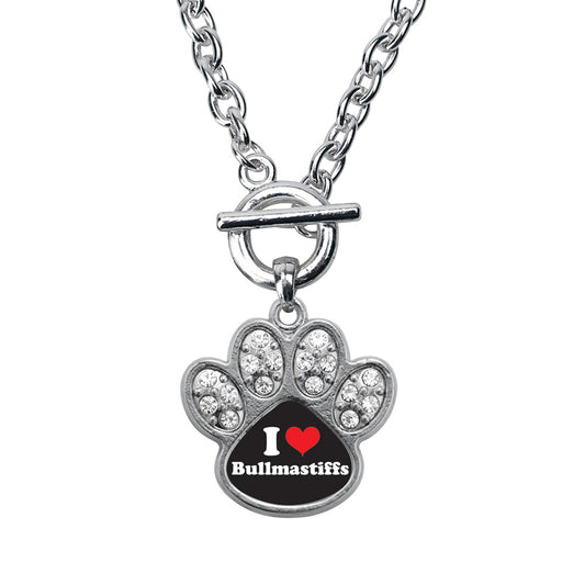 Silver I Love Bullmastiffs Pave Paw Charm Toggle Necklace