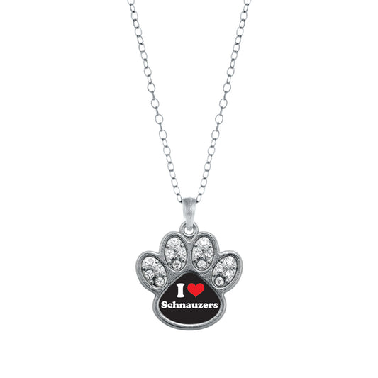 Silver I Love Schnauzers Pave Paw Charm Classic Necklace