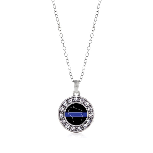 Silver Wisconsin Thin Blue Line Circle Charm Classic Necklace
