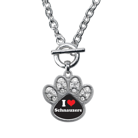 Silver I Love Schnauzers Pave Paw Charm Toggle Necklace