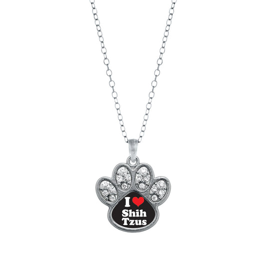 Silver I Love Shih Tzus Pave Paw Charm Classic Necklace