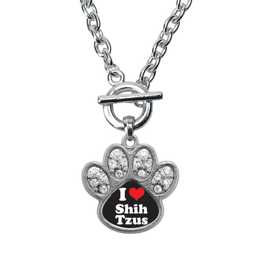 Silver I Love Shih Tzus Pave Paw Charm Toggle Necklace