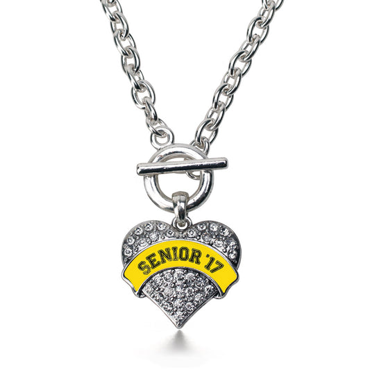 Silver Yellow Senior 2017 Pave Heart Charm Toggle Necklace