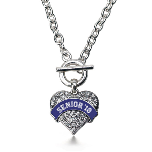 Silver Navy Blue Senior 2018 Pave Heart Charm Toggle Necklace
