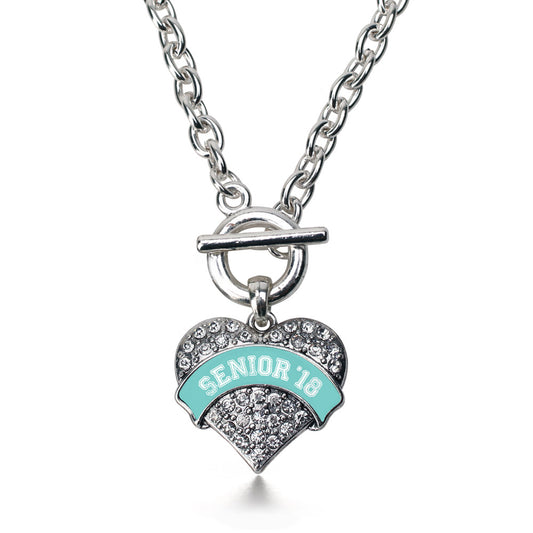 Silver Teal Senior 2018 Pave Heart Charm Toggle Necklace