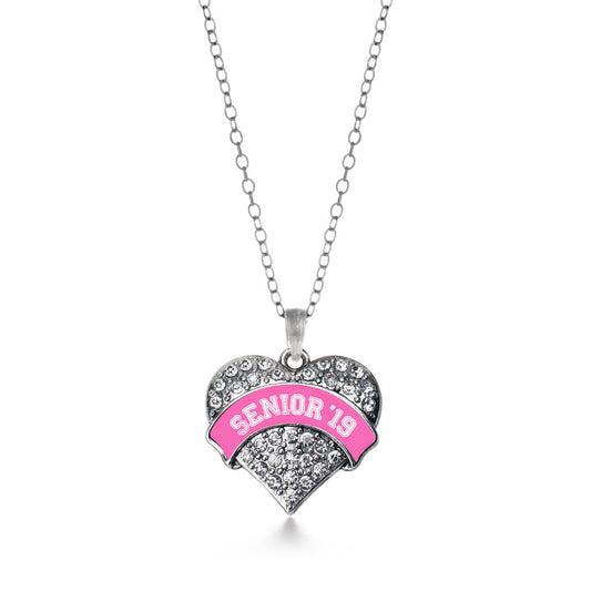 Silver Pink Senior 2019 Pave Heart Charm Classic Necklace
