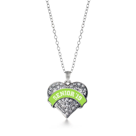 Silver Lime Green Senior 2019 Pave Heart Charm Classic Necklace
