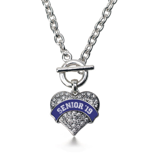 Silver Navy Blue Senior 2019 Pave Heart Charm Toggle Necklace