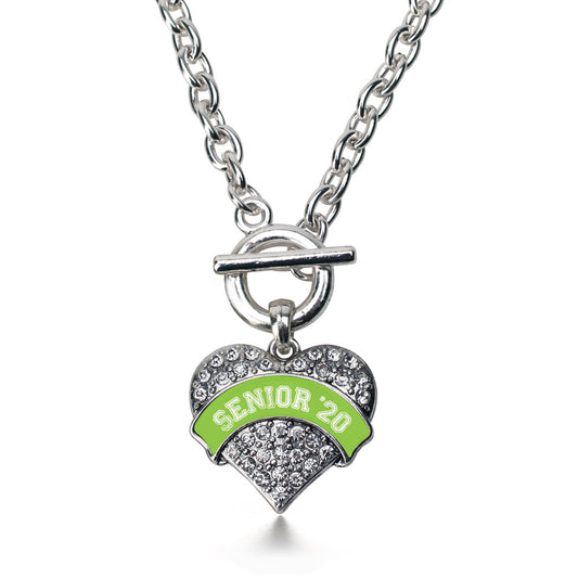 Silver Lime Green Senior 2020 Pave Heart Charm Toggle Necklace