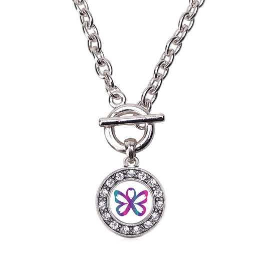Silver Thyroid Butterfly Circle Charm Toggle Necklace