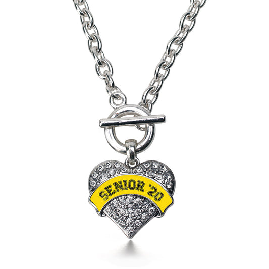 Silver Yellow Senior 2020 Pave Heart Charm Toggle Necklace