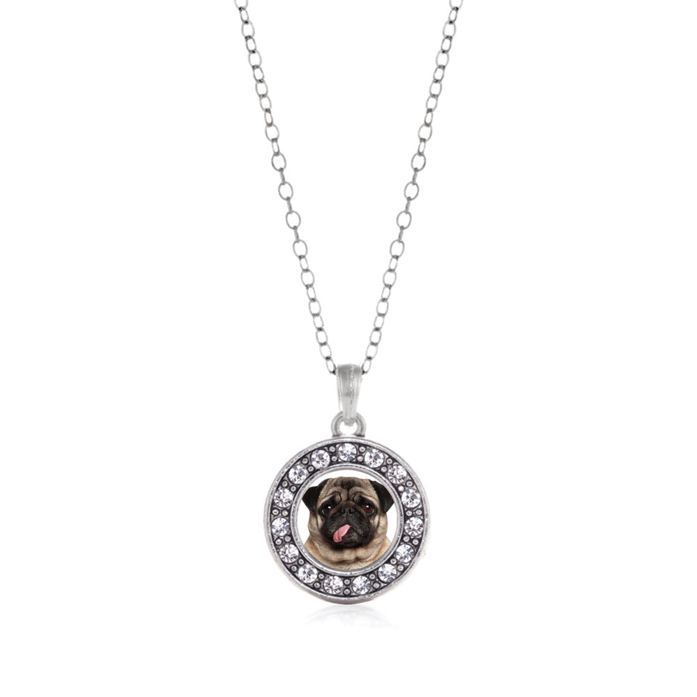 Silver Pug Face Circle Charm Classic Necklace