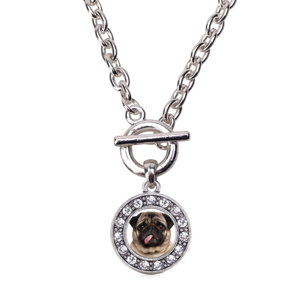 Silver Pug Face Circle Charm Toggle Necklace