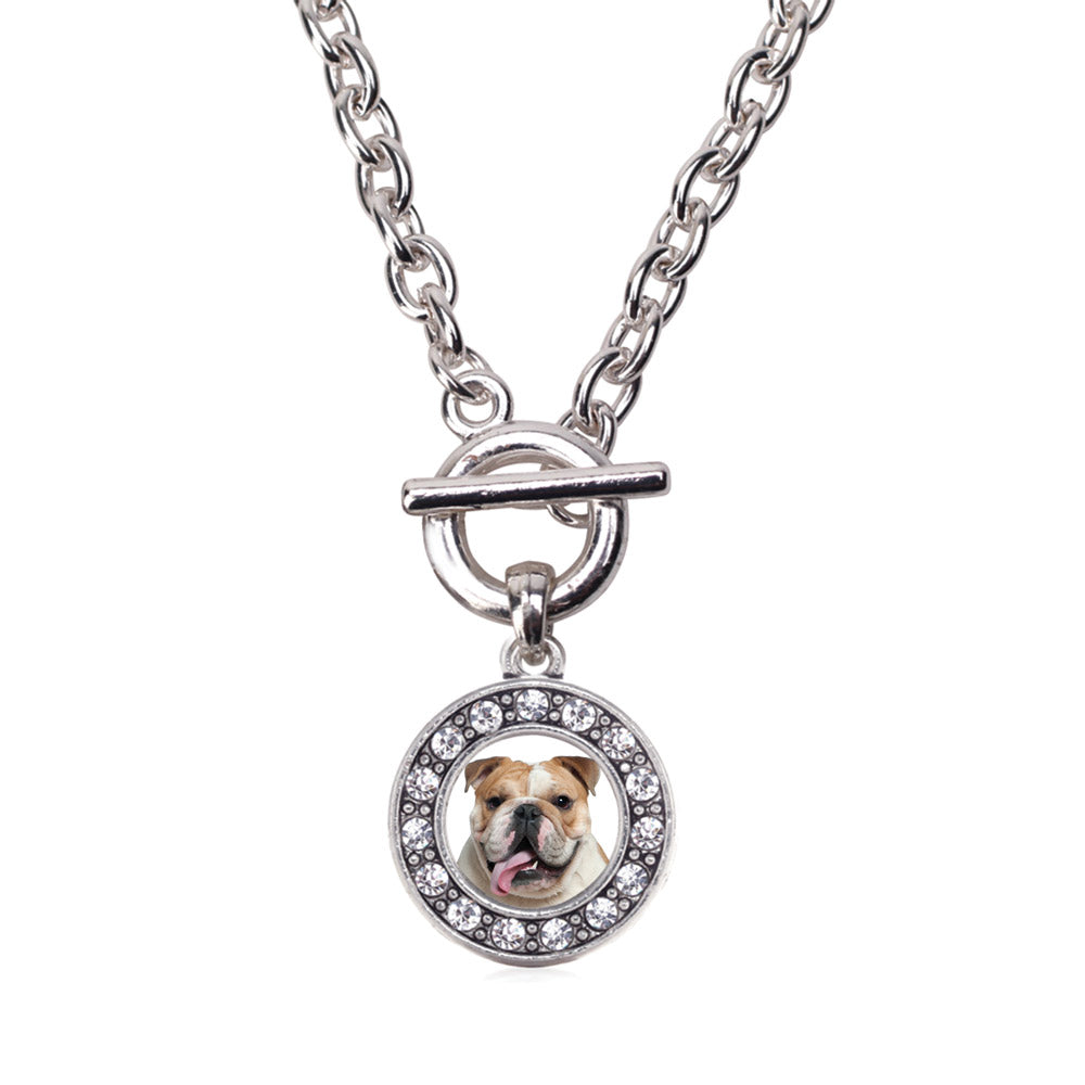 Silver Bulldog Face Circle Charm Toggle Necklace