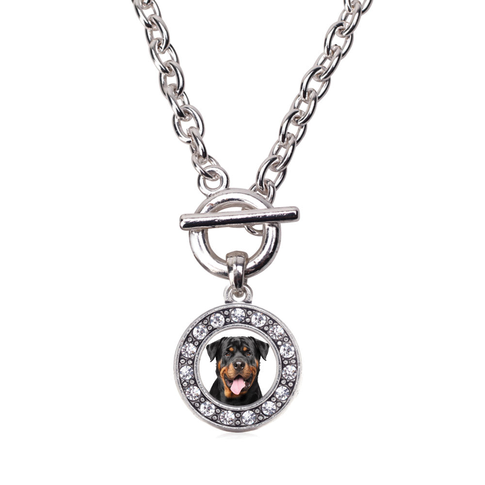 Silver Rottweiler Face Circle Charm Toggle Necklace