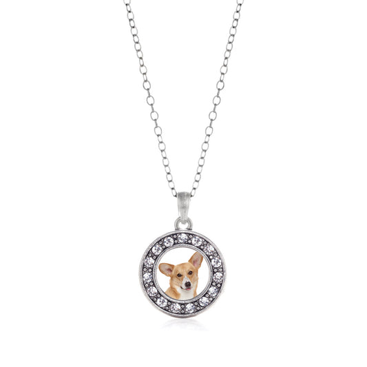 Silver Corgi Face Circle Charm Classic Necklace