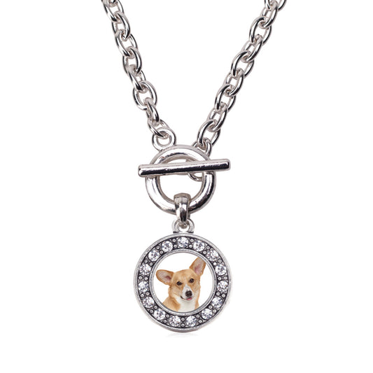 Silver Corgi Face Circle Charm Toggle Necklace