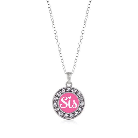Silver Pink Sis Circle Charm Classic Necklace