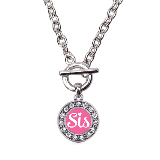 Silver Pink Sis Circle Charm Toggle Necklace