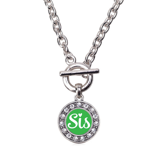 Silver Green Sis Circle Charm Toggle Necklace