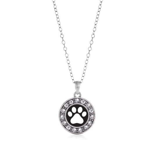 Silver Black and White Paw Print Circle Charm Classic Necklace