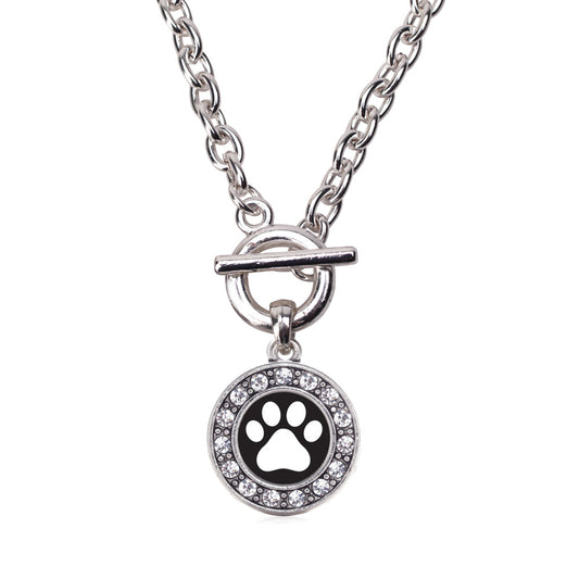 Silver Black and White Paw Print Circle Charm Toggle Necklace