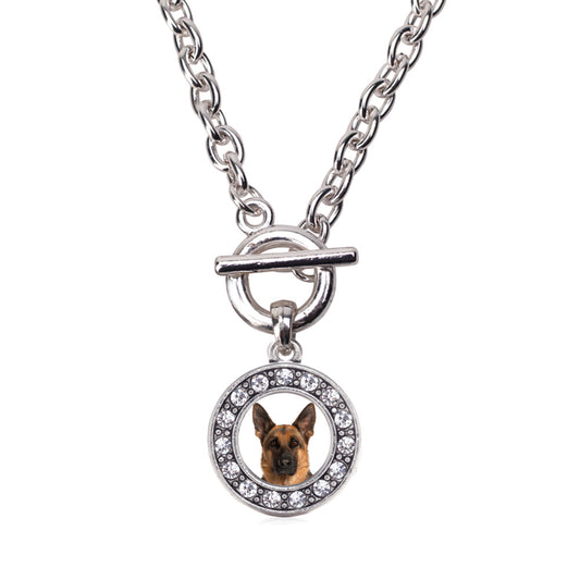 Silver German Shepherd Face Circle Charm Toggle Necklace