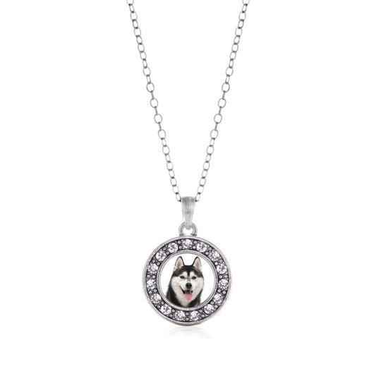 Silver Husky Face Circle Charm Classic Necklace