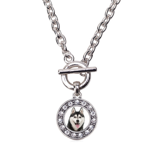 Silver Husky Face Circle Charm Toggle Necklace