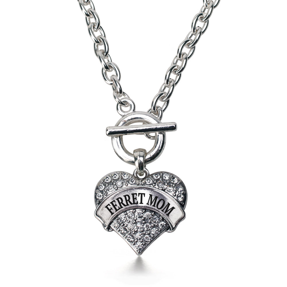 Silver Ferret Mom Pave Heart Charm Toggle Necklace