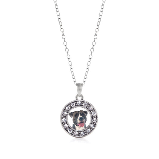 Silver Blue Pit Bull Circle Charm Classic Necklace