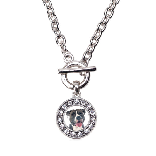 Silver Blue Pit Bull Circle Charm Toggle Necklace