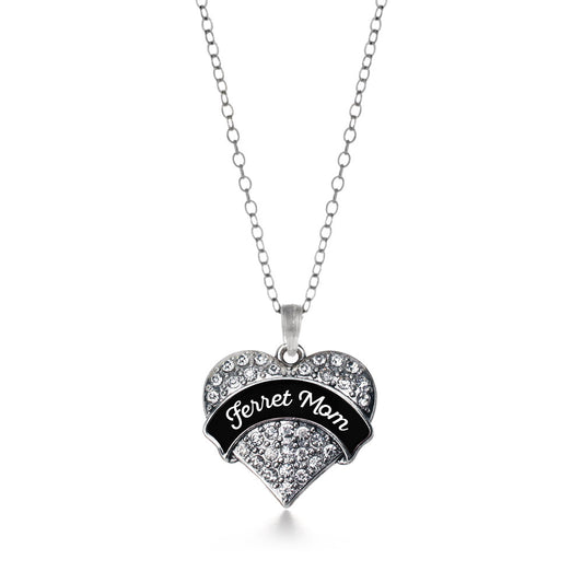 Silver Black and White Ferret Mom Pave Heart Charm Classic Necklace