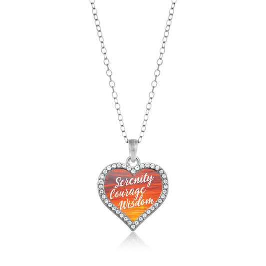 Silver Sunset Serenity Prayer Open Heart Charm Classic Necklace