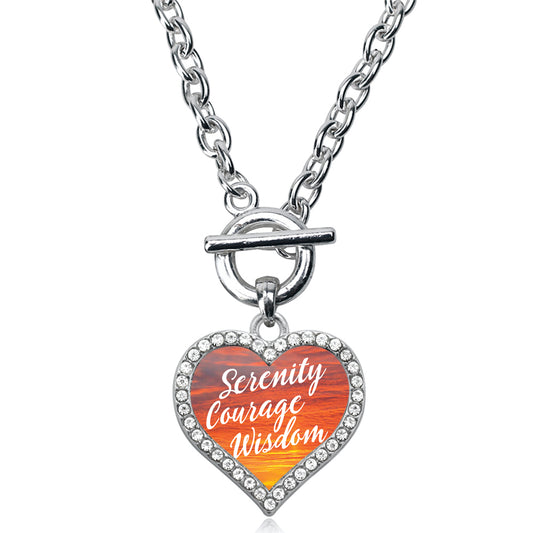Silver Sunset Serenity Prayer Open Heart Charm Toggle Necklace