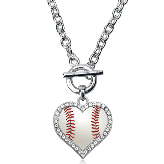 Silver Baseball Open Heart Charm Toggle Necklace